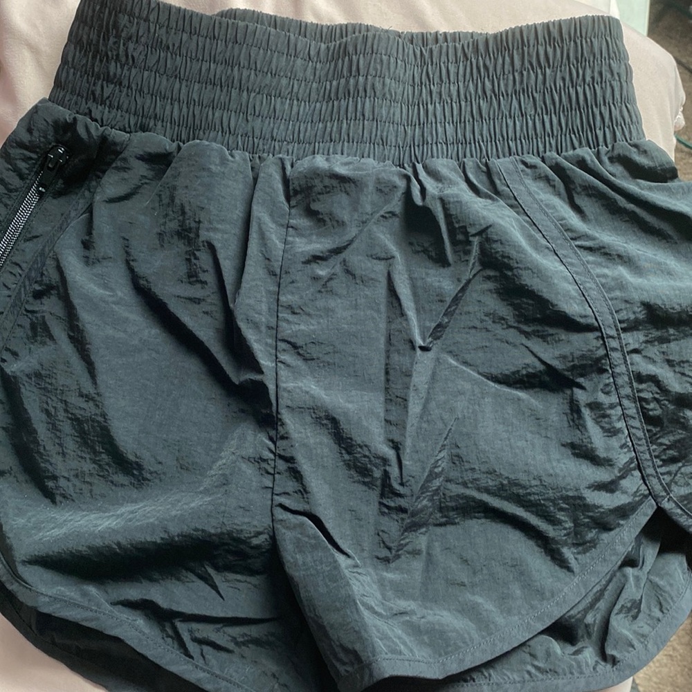 Zenana Brand Windbreaker Smocked High Waist Running Shorts Side Zipper Pocket.